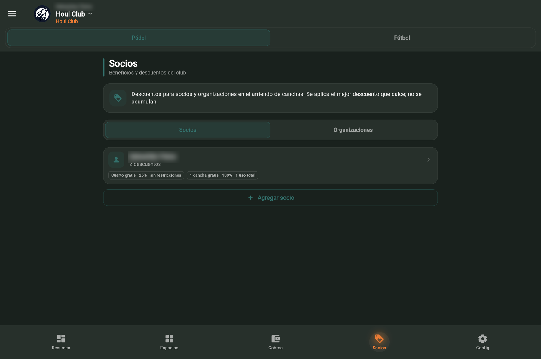 Pantalla de socios de Houl Club con descuentos configurados por socio