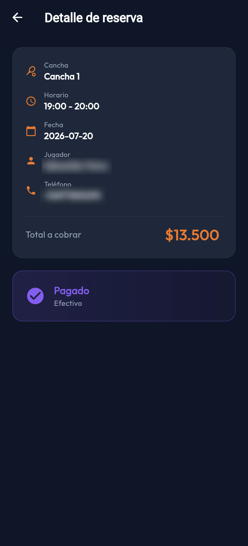 Detalle de reserva en Houl POS: cancha, horario, participante y total a cobrar pagado en efectivo